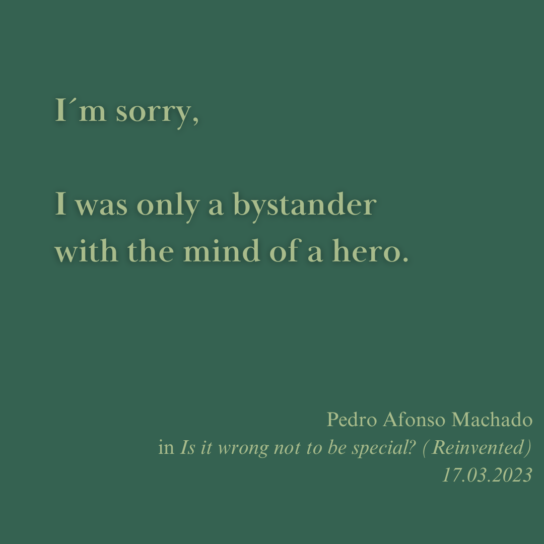 Finalized written process for Is it wrong not to be special (reinvented). An original text was reduced to a core sentence highlighting the tragedy of that who goes out of his way to be special, only to realize he was meant to be an observer all along.